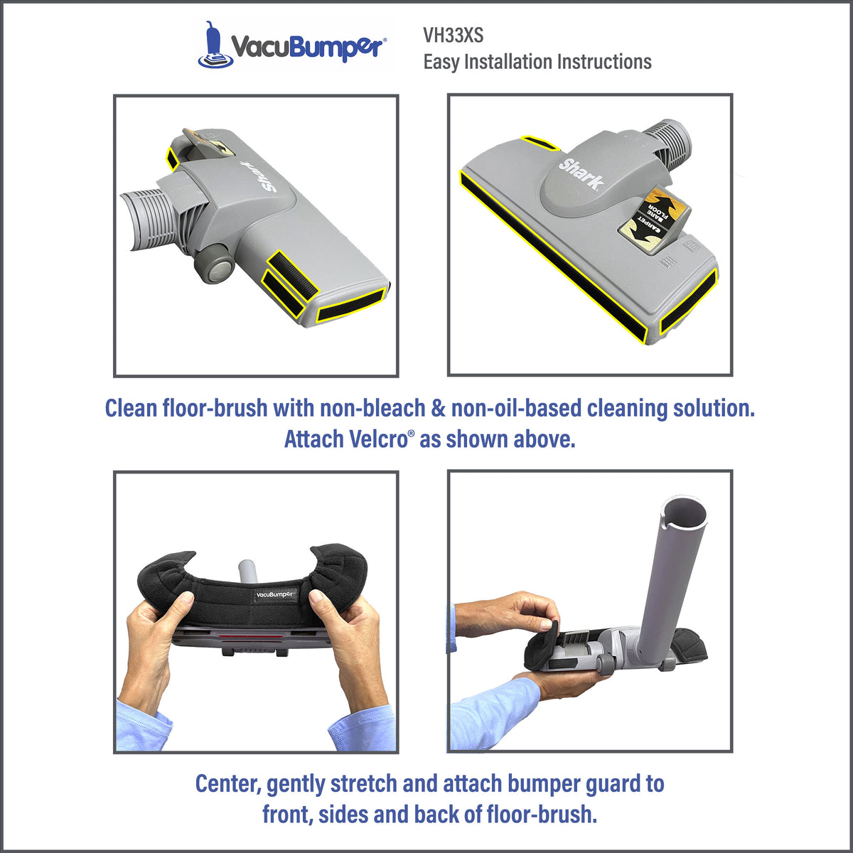 VacuBumper Item #VH33XS Bumper Guard for Extra Small Floor Brushes,  installs easily, is tight fitting and stays securely attached