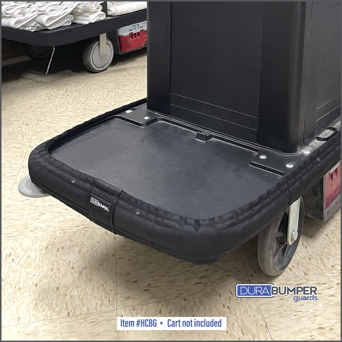 DuraBumper's custom made bumper guard for Rubbermaid style Housekeeping Carts, Item #HCBG is made of multi layers of premium materials that will protect decor from cart damage