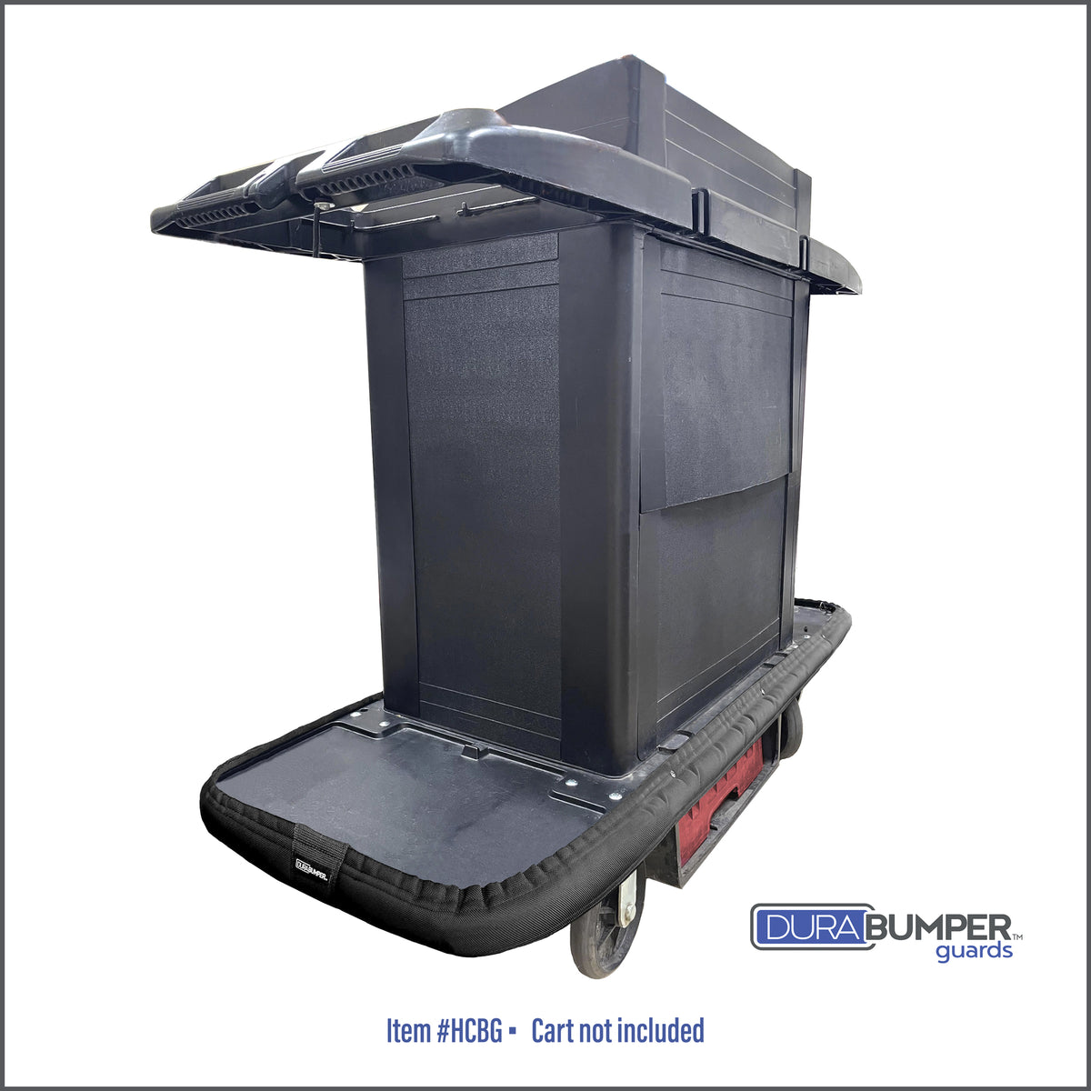 DuraBumper's custom made bumper guard for Rubbermaid style Housekeeping Carts, Item #HCBG is made of multi layers of premium materials that will protect decor from cart damage