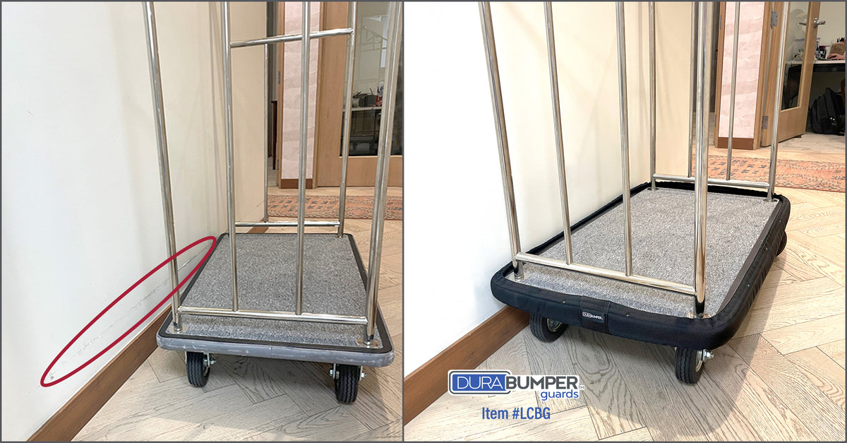 Hotel luggage cart without a DuraBumper Guard damages walls and hotel interiors.  When item PTBG is installed walls and interiors are protected from luggage cart damage.