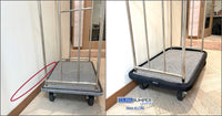 Hotel luggage cart without a DuraBumper Guard damages walls and hotel interiors.  When item PTBG is installed walls and interiors are protected from luggage cart damage.