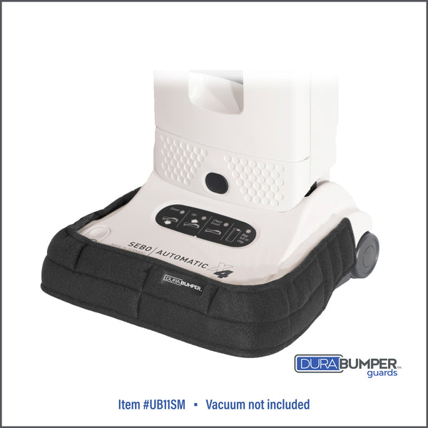 DuraBumper Item #UB11SM is a high-quality bumper guard designed with a universal fit for upright vacuums with front widths 12” to  15” like this SEBO Automatic X4 vacuum